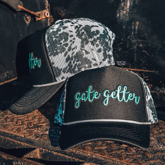 Western Cowgirl Gate Getter Printed Mesh Trucker Cap - Black Cow Print Adult / Turquoise