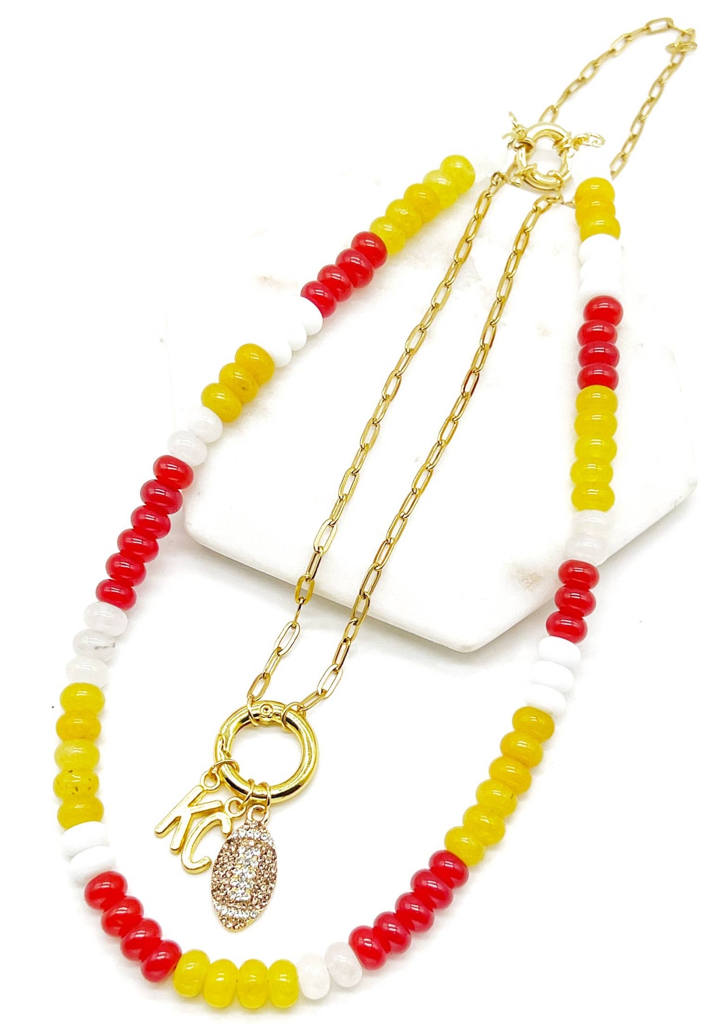 KC Football Charm Chiefs Rhinestone Kansas City Necklace Gold Bling
