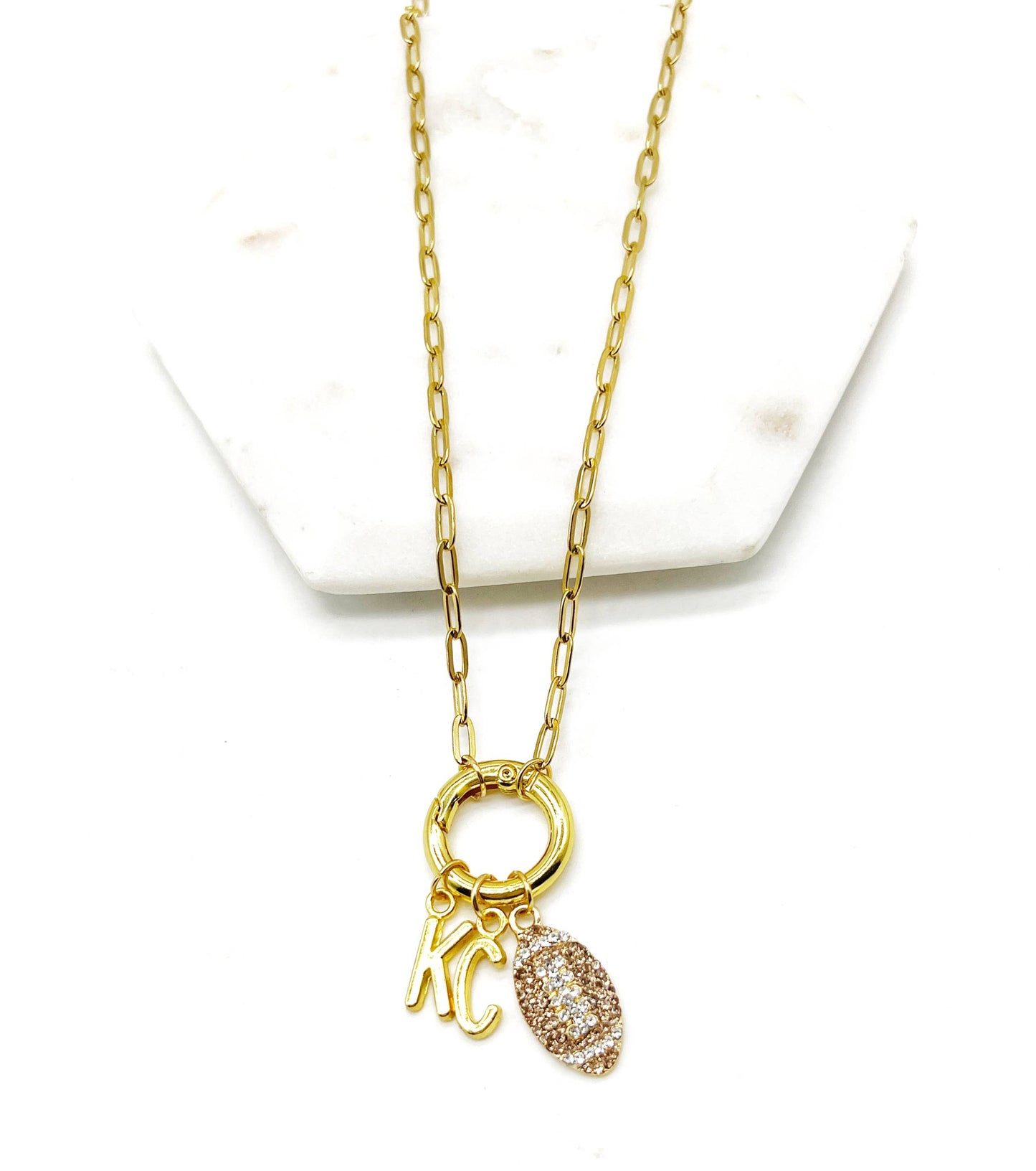 KC Football Charm Chiefs Rhinestone Kansas City Necklace Gold Bling