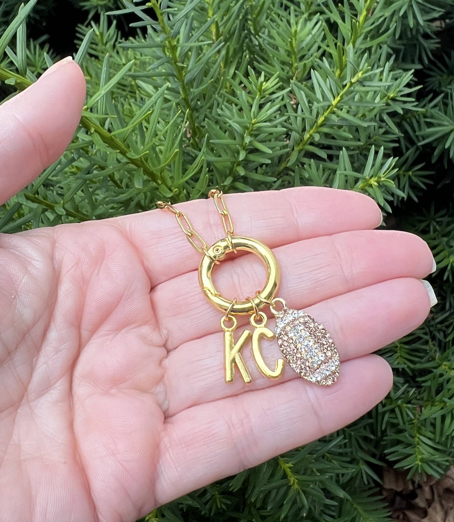 KC Football Charm Chiefs Rhinestone Kansas City Necklace Gold Bling