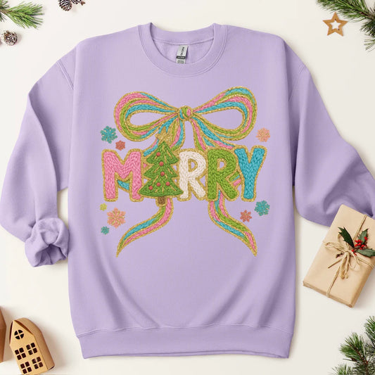 Holiday Merry Bow Christmas Tree Faux Yarn Jerzees Unisex Crewneck Sweatshirt