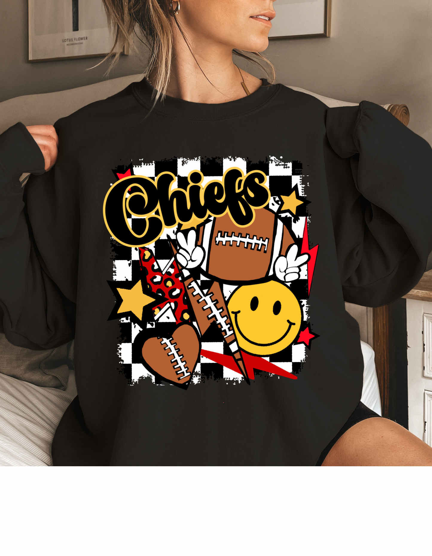Checkered Smiley Face KC Kansas City Chiefs Football Sweatshirt