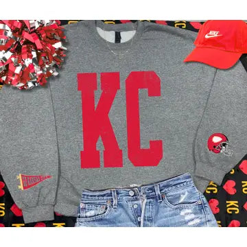 Bold KC Crewneck Sweatshirt with Sleeves Helment Banner Kansas City Chiefs Football