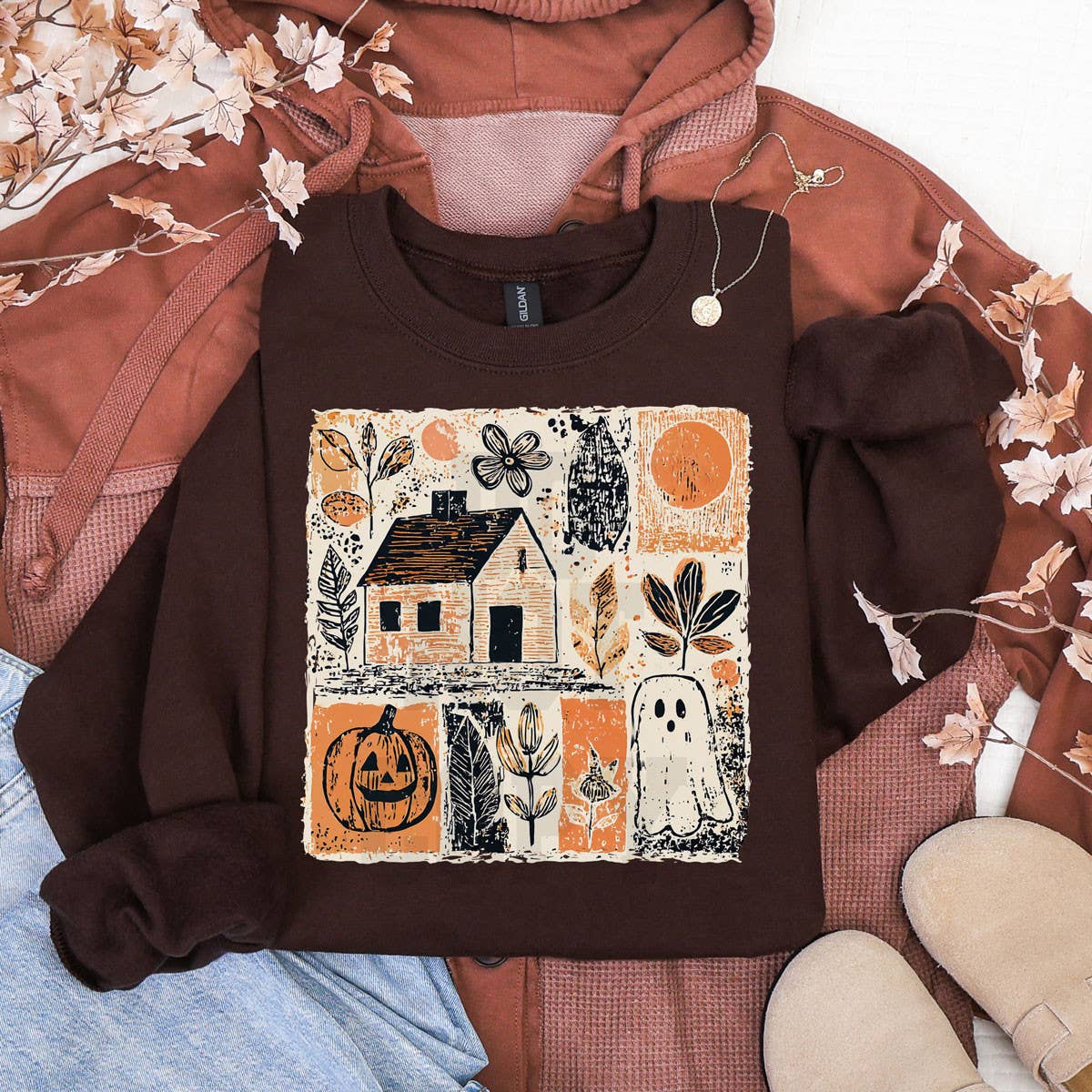 Vintage Rustic Fall Halloween Patchwork Glidan Crewneck Sweatshirt Pumpkin Ghost