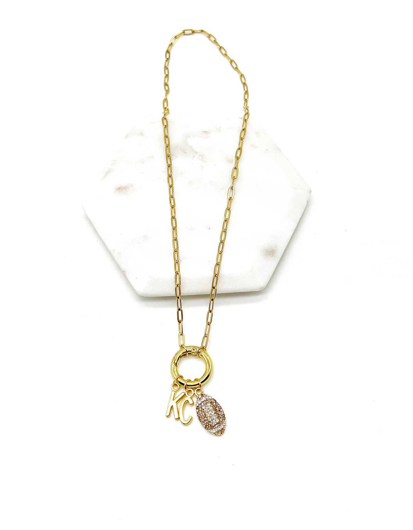KC Football Charm Chiefs Rhinestone Kansas City Necklace Gold Bling