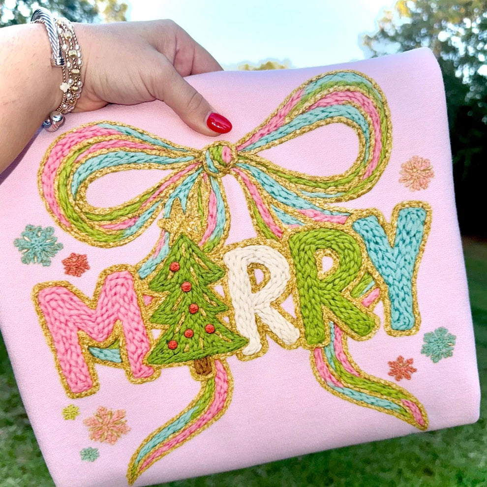 Holiday Merry Bow Christmas Tree Faux Yarn Jerzees Unisex Crewneck Sweatshirt