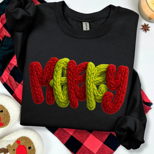 Women's Holiday Christmas Faux Yarn Merry Crewneck Sweatshirt