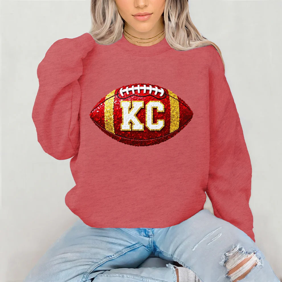 Women's Kansas City Chiefs Football Glitter Crewneck Sweatshirt KC Chiefs