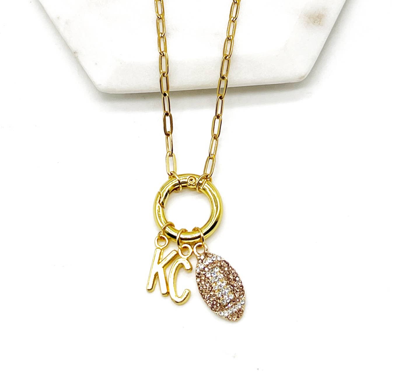 KC Football Charm Chiefs Rhinestone Kansas City Necklace Gold Bling