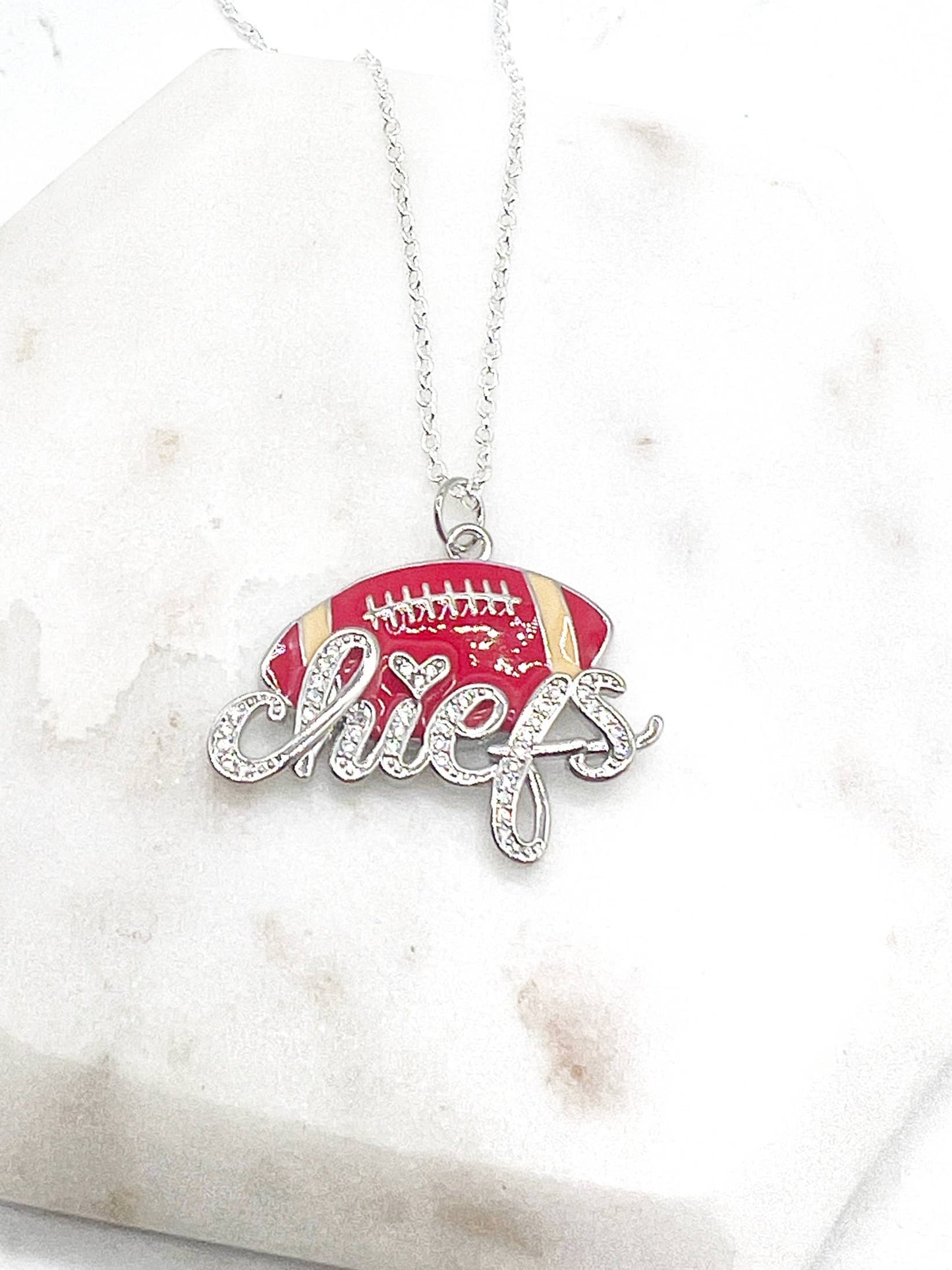 Silver KC Chiefs Bling Statement Charm Necklace KC Kansas City Football Pendant
