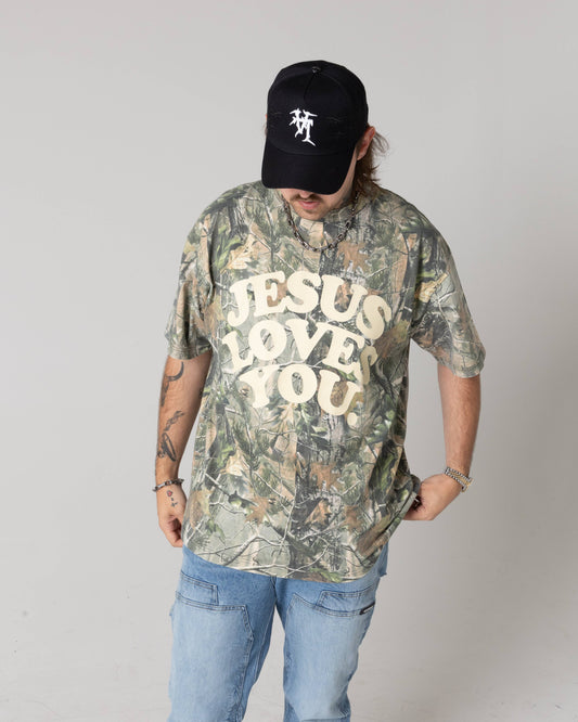 Trending Unisex Jesus Loves You Heavyweight Camo Tee Oversized Camouflage T-Shirt