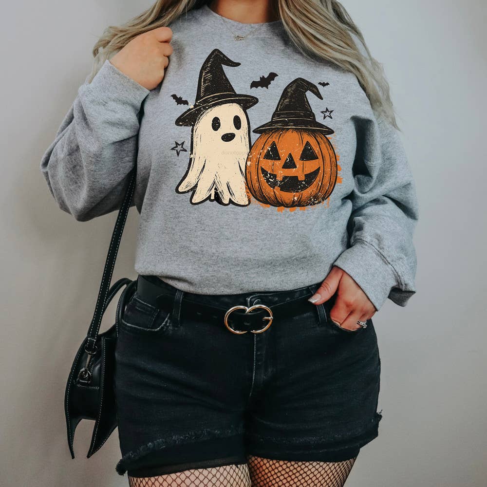 Halloween Ghost & Pumpkin Duo Graphic Crewneck Sweatshirt Witch Hat Bats Jack O Lantern