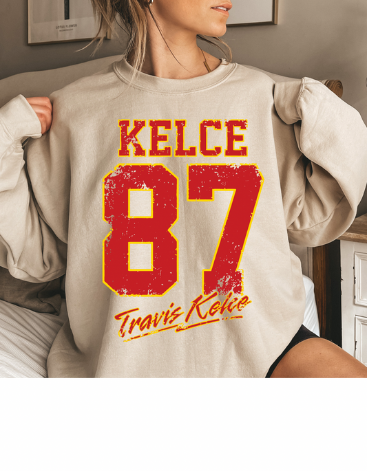 KC Kansas City Chiefs Football Red Font Travis Kelce #87 Graphic Sweatshirt