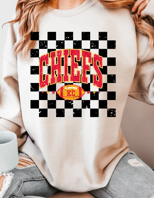 Unisex KC Kansas City Chiefs Foootball Distressed Checkered Football Graphic Sweatshirt