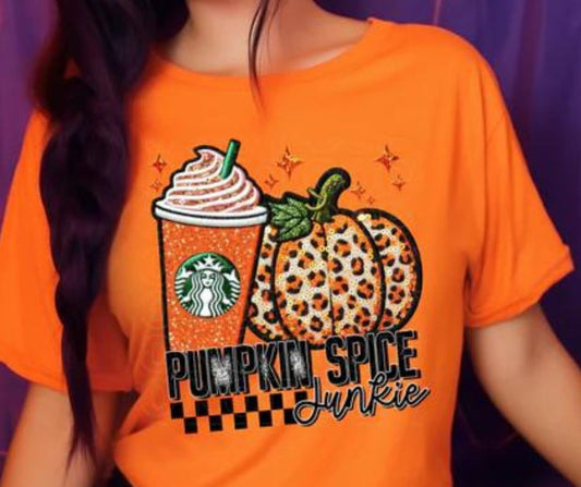 Trending Starbucks Coffee Pumpkin Spice Junkie Checkered Graphic T-Shirt Comfort Colors Brand