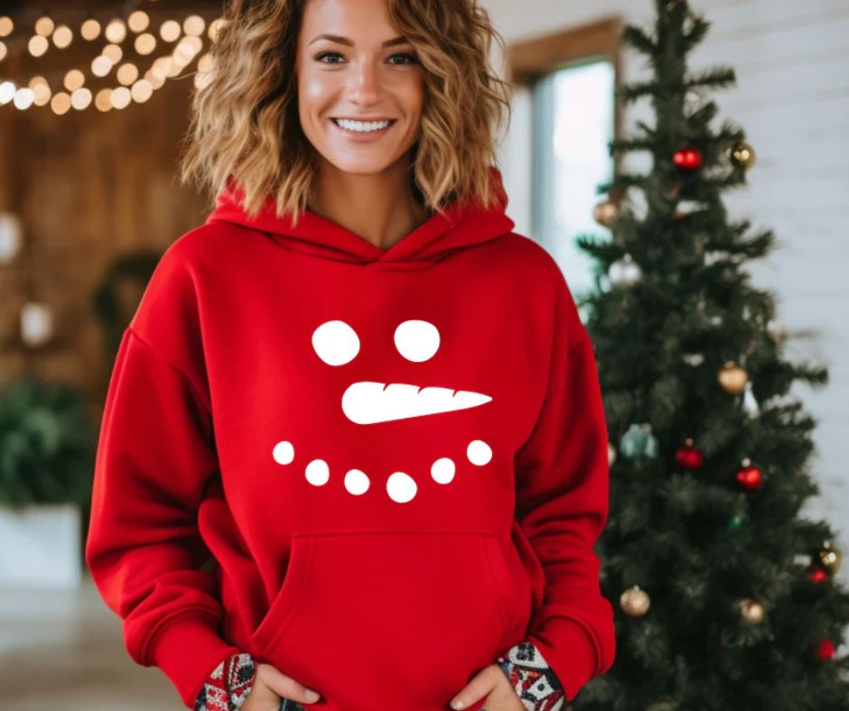 Unisex Holiday Christmas Snowman Face Graphic Hooded Pullover Sweatshirt