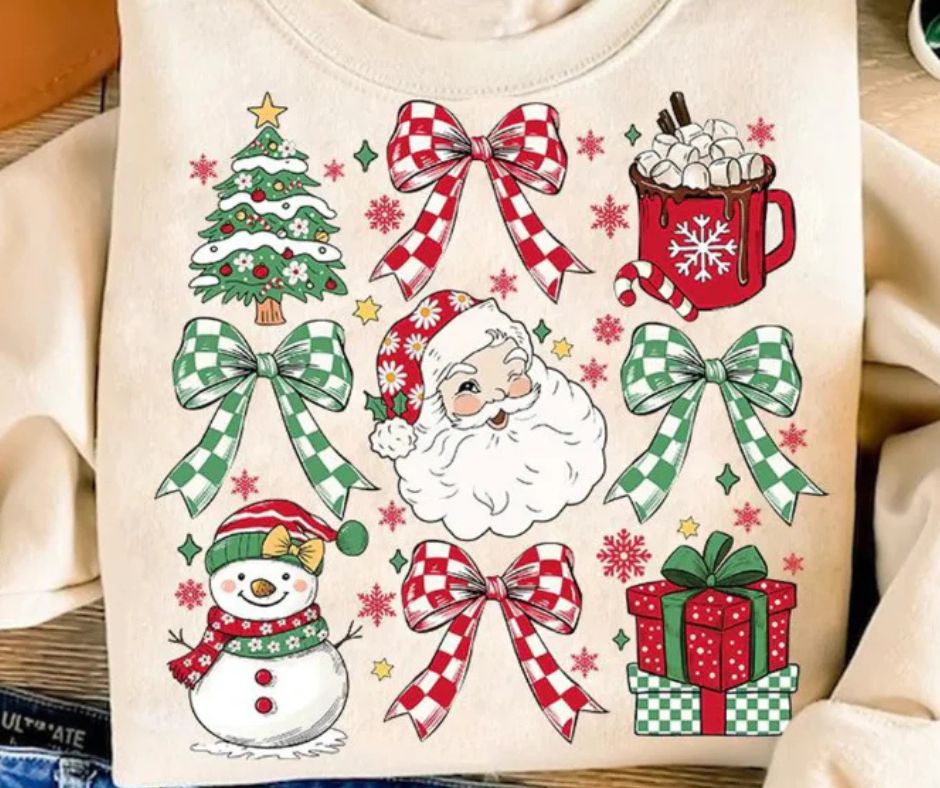 Unisex Christmas Graphic Crewneck Sweatshirt Santa Checkered Bows Gift Snowman X-Mas Tree