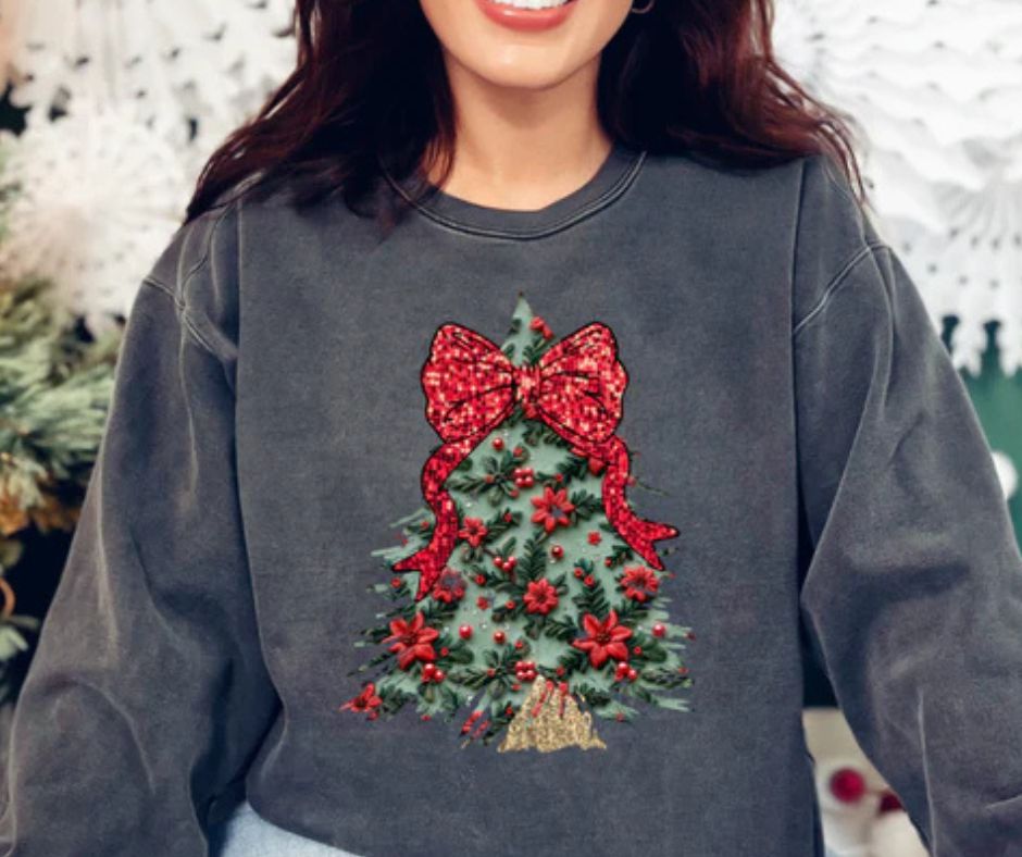 Viral Trendy Unisex Christmas Tree Red Bow Graphic Crewneck Sweatshirt