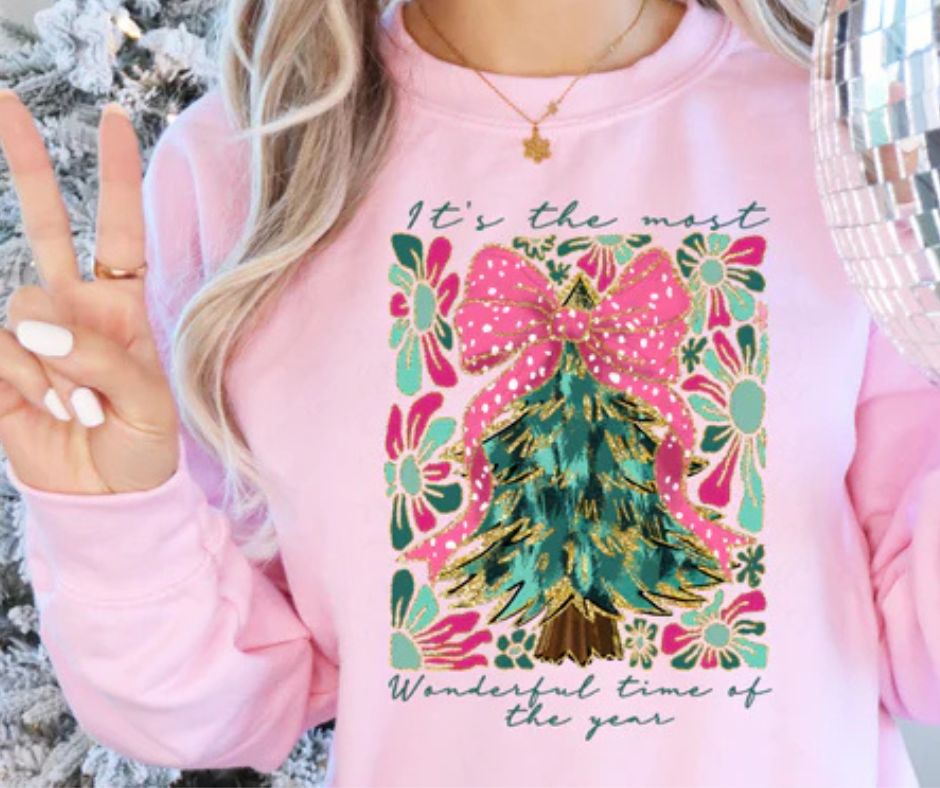 "It's The Most Wonderful Time Of The Year" Pink Polka Dot Bow Christmas Tree CrewneckSweatshirt