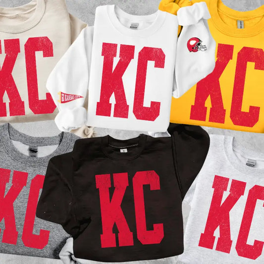 Bold KC Crewneck Sweatshirt with Sleeves Helment Banner Kansas City Chiefs Football