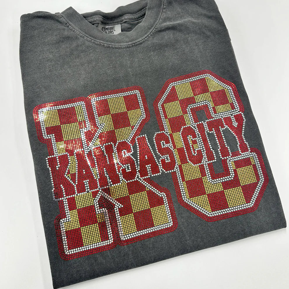KC Kansas City Chiefs Football Checkered Spangle Rhinestone Comfort Colors T-Shirt