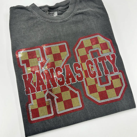 KC Kansas City Chiefs Football Checkered Spangle Rhinestone Comfort Colors T-Shirt