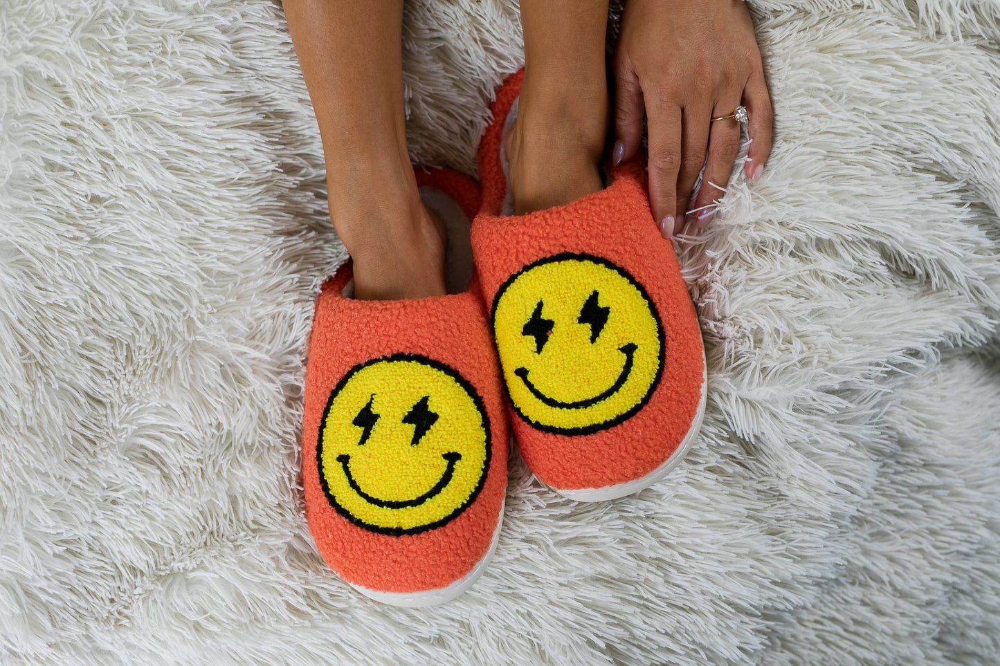 Women's Smiley Face Lighting Bolt Orange Lounge Slippers