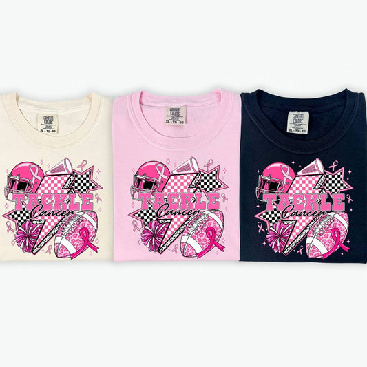 Comfort Colors Tackle Cancer Breast Cancer Awareness Graphic T-Shirt Football Helment Checkered Lighting Bolt