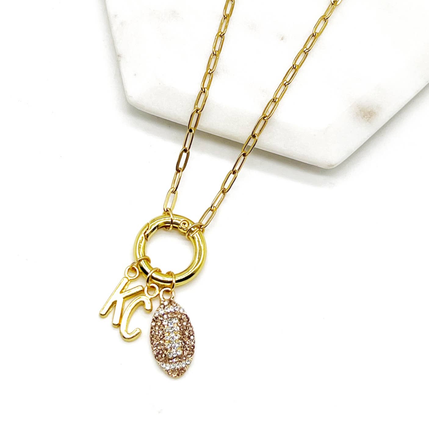 KC Football Charm Chiefs Rhinestone Kansas City Necklace Gold Bling