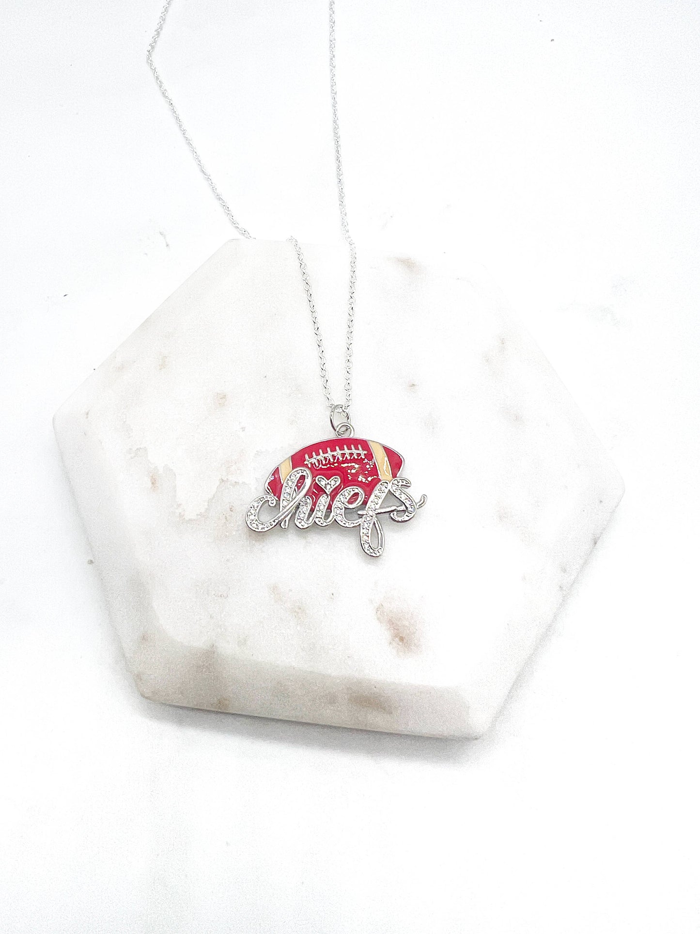 Silver KC Chiefs Bling Statement Charm Necklace KC Kansas City Football Pendant