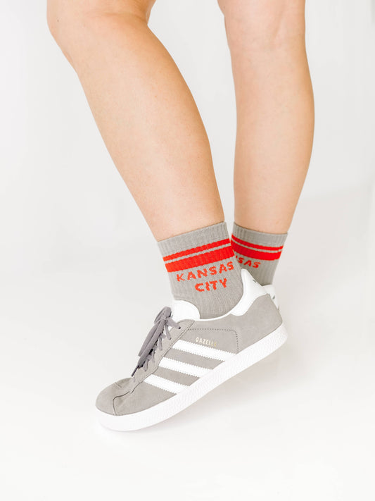 Unisex KC Chiefs Football Kansas City Crew Socks - Grey w/ Red