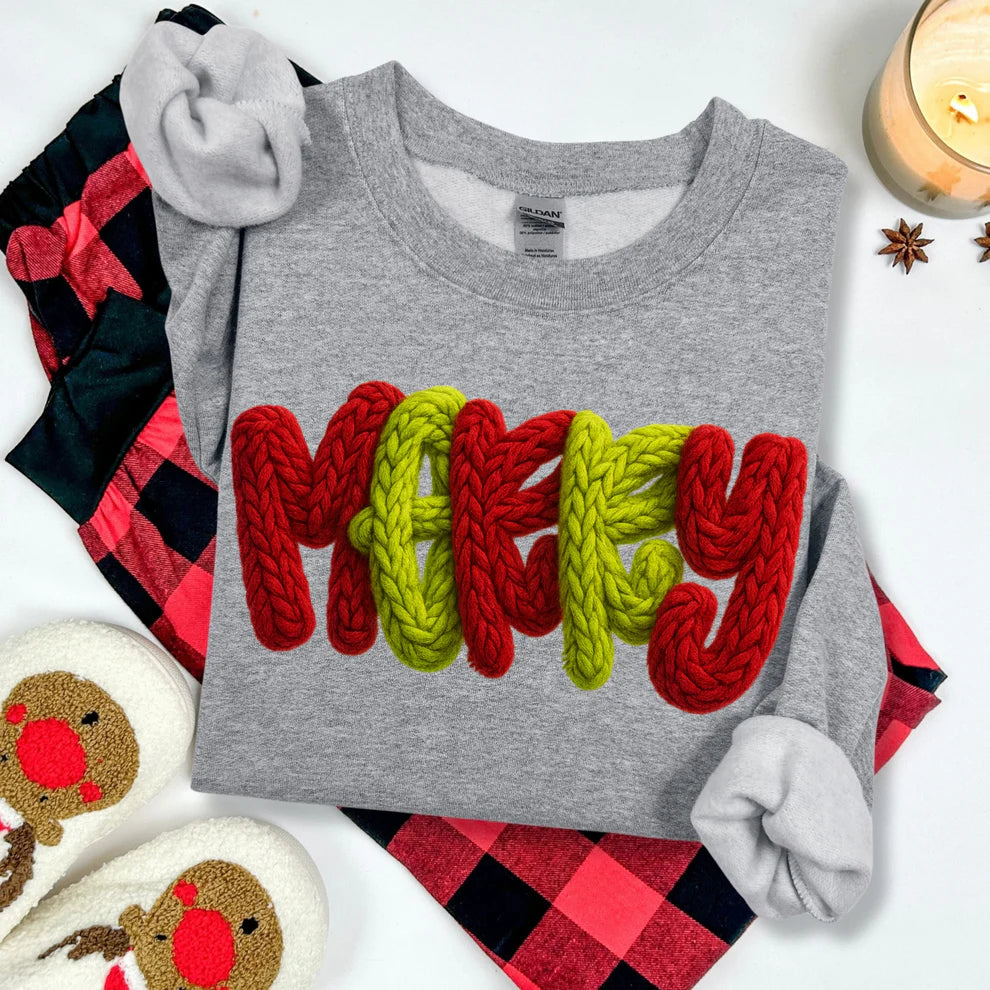 Women's Holiday Christmas Faux Yarn Merry Crewneck Sweatshirt