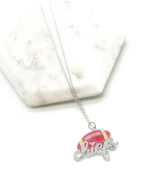 Silver KC Chiefs Bling Statement Charm Necklace KC Kansas City Football Pendant