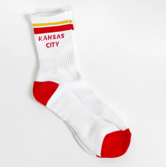 Unisex KC Chiefs Football Kansas City Crew Socks - White w/ Red & Yellow