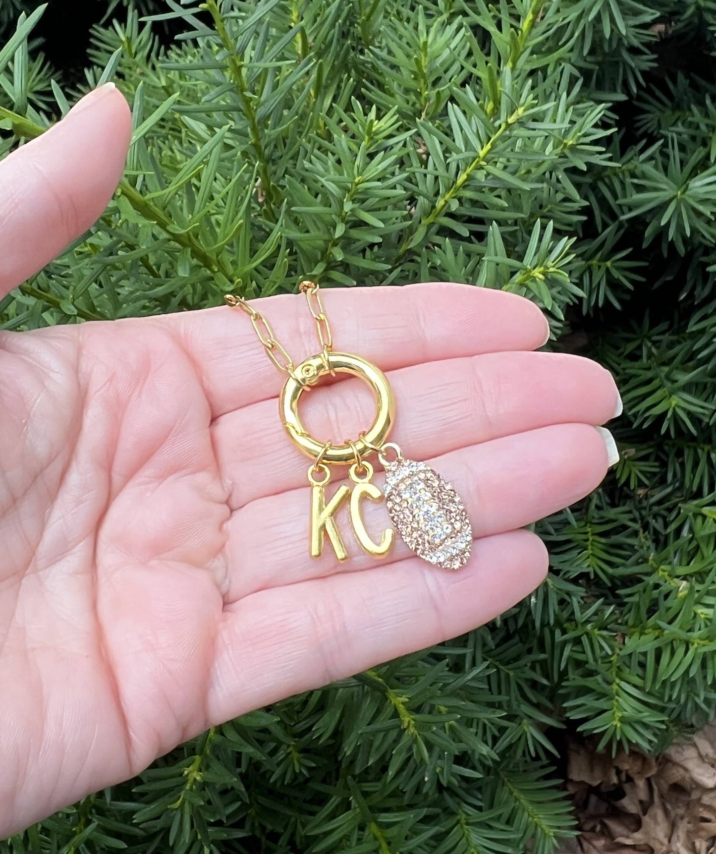 KC Football Charm Chiefs Rhinestone Kansas City Necklace Gold Bling