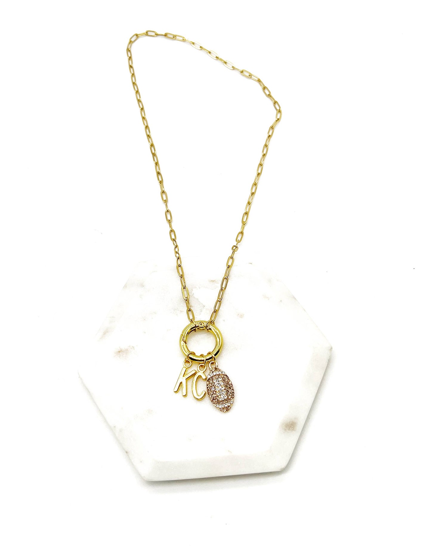 KC Football Charm Chiefs Rhinestone Kansas City Necklace Gold Bling