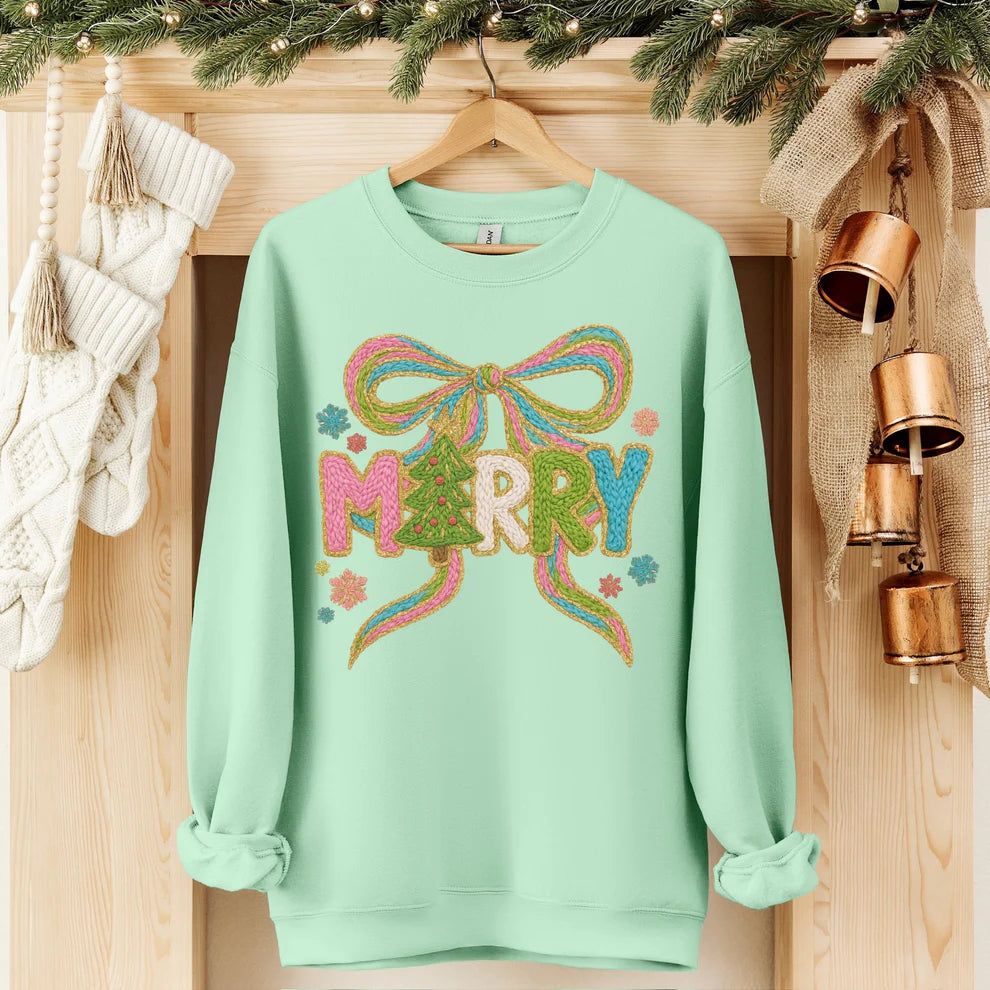 Holiday Merry Bow Christmas Tree Faux Yarn Jerzees Unisex Crewneck Sweatshirt