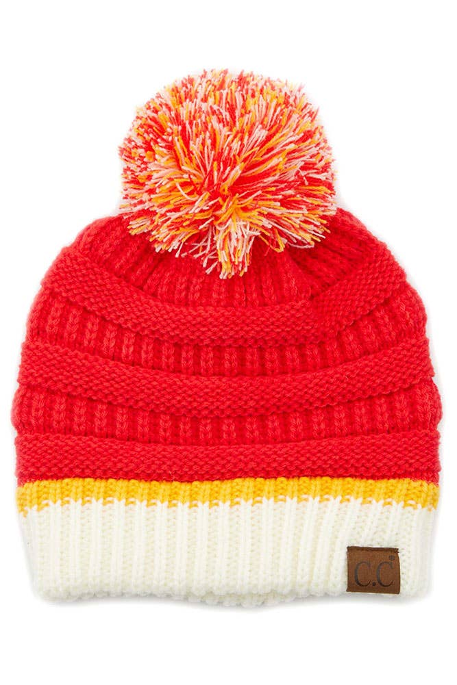 KC Chiefs Football C.C Team Color Ribbed Beanie with Pom Winter Hat Kansas City