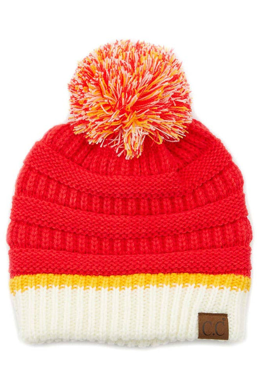 KC Chiefs Football C.C Team Color Ribbed Beanie with Pom Winter Hat Kansas City