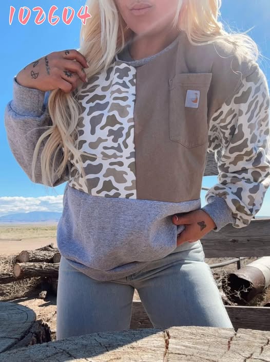 Women's Color Block Brown Gray Camouflage Pocket Sweatshirt