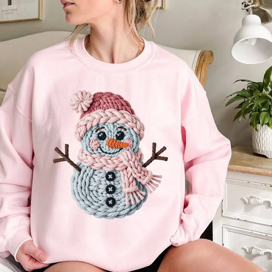 Women's Winter Holiday Christmas Faux Yarn Snowman Crewneck Sweatshirt