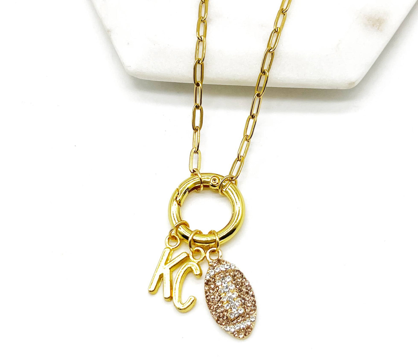 KC Football Charm Chiefs Rhinestone Kansas City Necklace Gold Bling