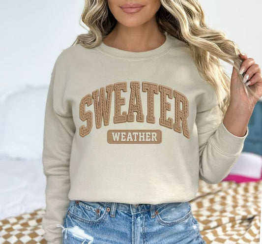 Women's Sweater Weather Faux Yarn Sand Crewneck Sweatshirt