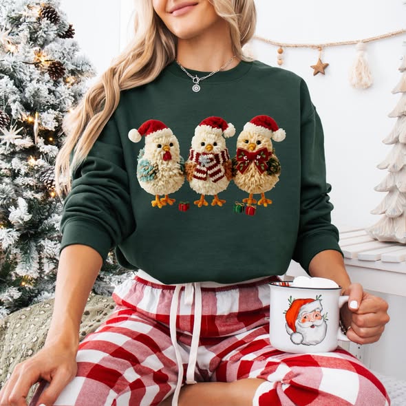 Holiday Christmas Caroling Chickens Chicks Faux Yarn Crewneck Sweatshirt