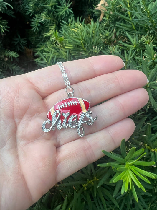 Silver KC Chiefs Bling Statement Charm Necklace KC Kansas City Football Pendant