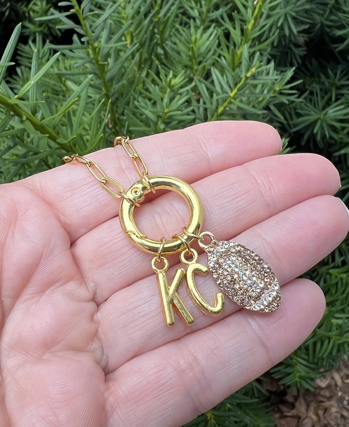 KC Football Charm Chiefs Rhinestone Kansas City Necklace Gold Bling