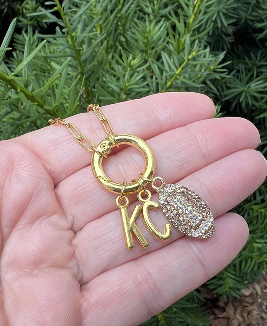 KC Football Charm Chiefs Rhinestone Kansas City Necklace Gold Bling