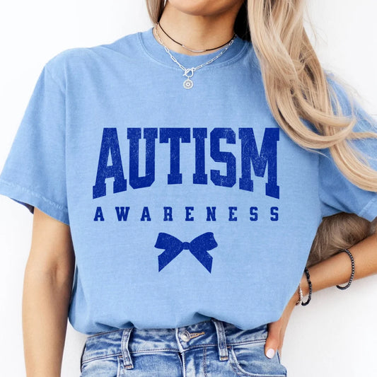 Autism Awareness Bow Graphic T-Shirt Blue Comfort Colors Brand Tee