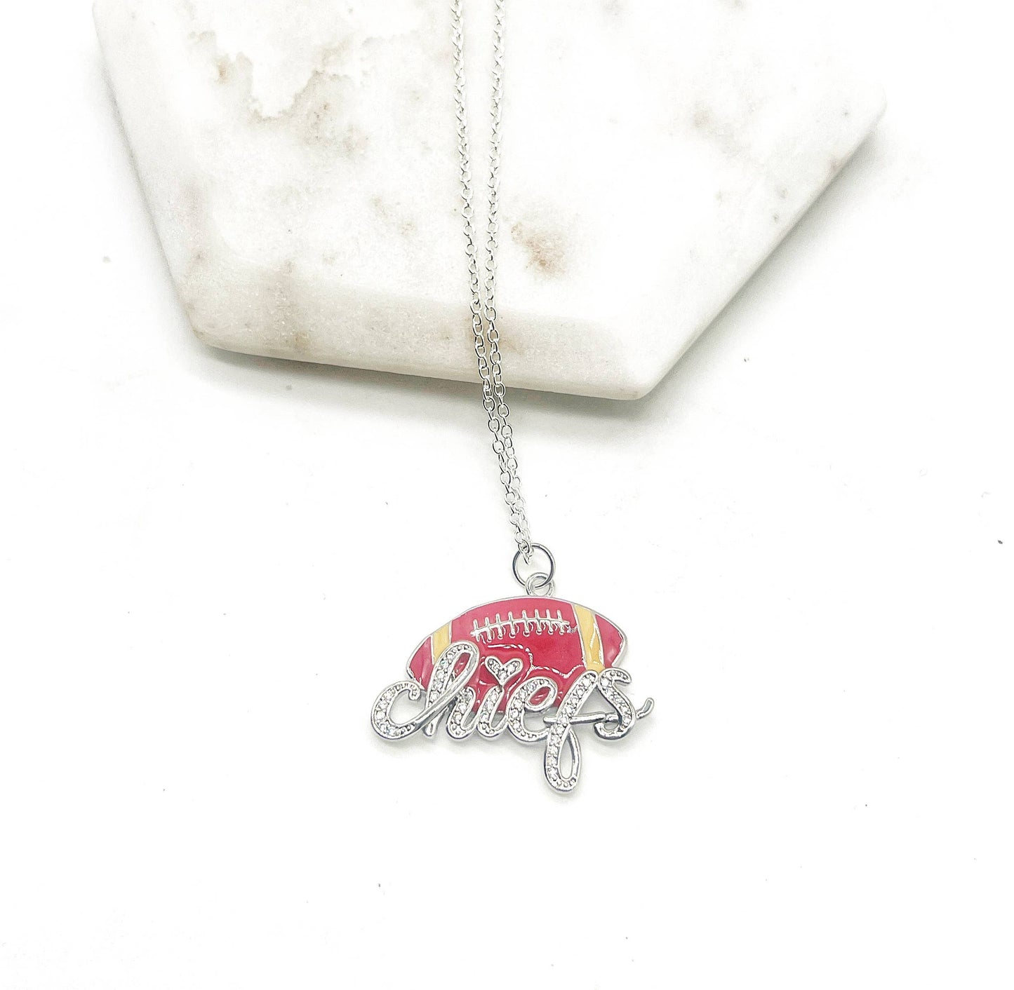 Silver KC Chiefs Bling Statement Charm Necklace KC Kansas City Football Pendant