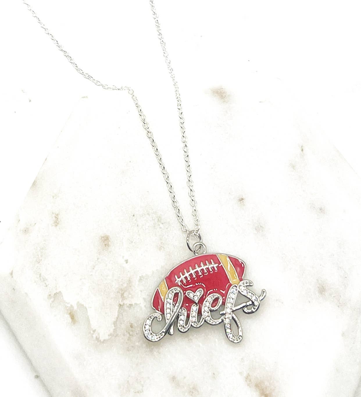 Silver KC Chiefs Bling Statement Charm Necklace KC Kansas City Football Pendant